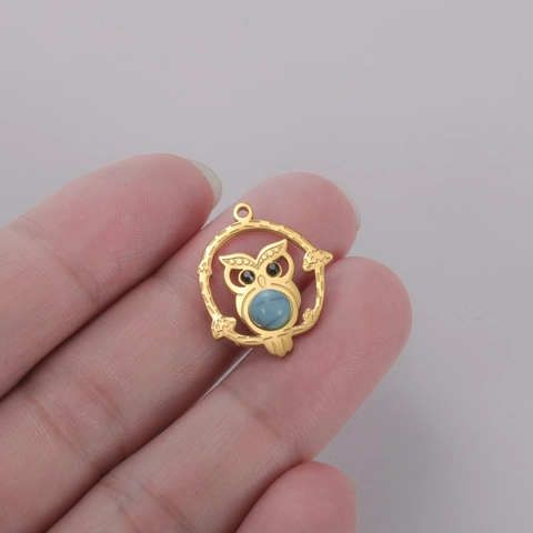 Stainless Steel Owl Pendant With Artificial Turquoise Round Hollow Frame Charm For DIY Necklace Earring Jewelry Making