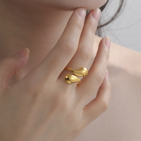 Minimalist Geometric Stainless Steel Open Ring 18K Gold Plated Liquid Metal Adjustable Statement Jewelry For Women