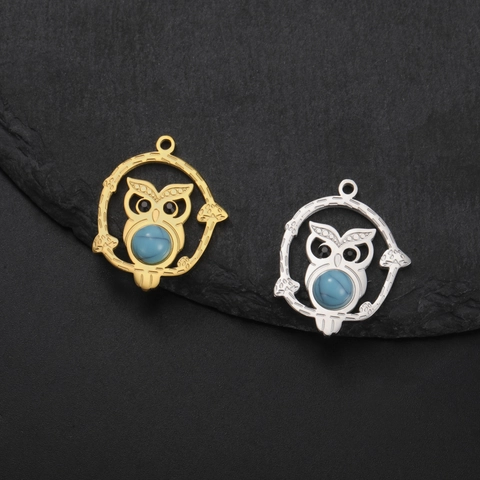 Stainless Steel Owl Pendant With Artificial Turquoise Round Hollow Frame Charm For DIY Necklace Earring Jewelry Making