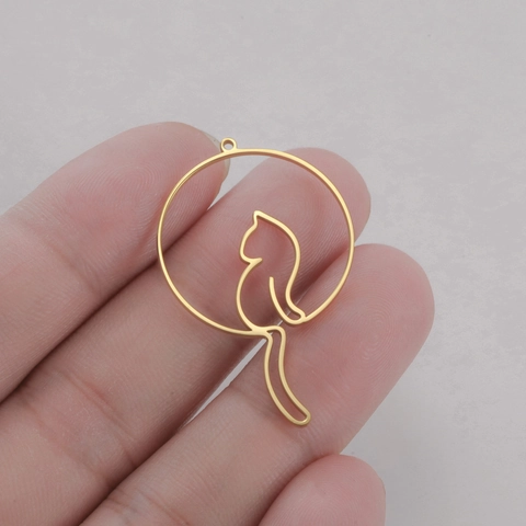 Stainless Steel Cat Hollow Circle Pendant Minimalist Animal Charm For DIY Jewelry Making Findings Necklace Bracelet Accessories