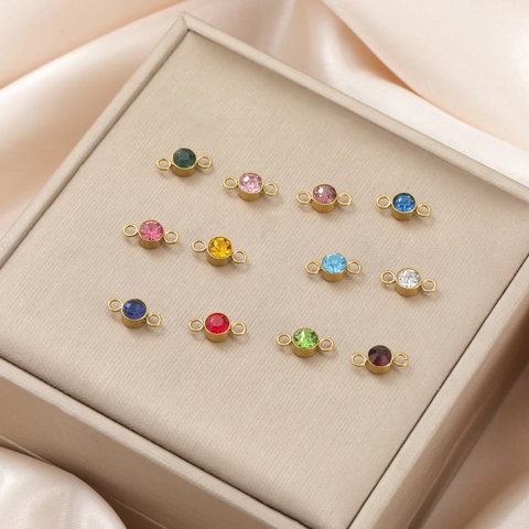Stainless Steel Birthstone Connectors Round Rhinestone Double Loop Pendants For DIY Jewelry Making Bracelet Necklace Findings
