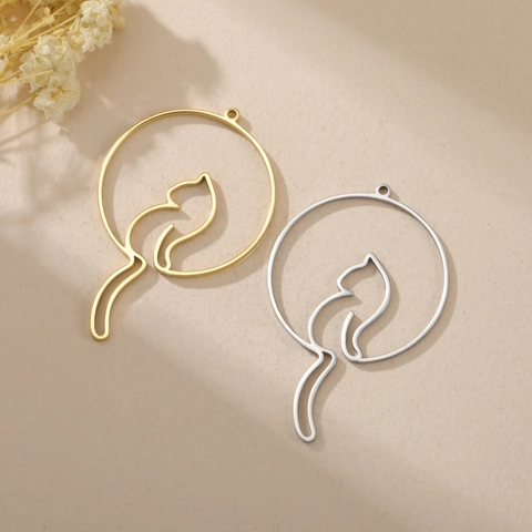 Stainless Steel Cat Hollow Circle Pendant Minimalist Animal Charm For DIY Jewelry Making Findings Necklace Bracelet Accessories