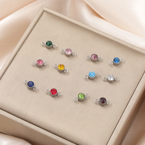 Stainless Steel Birthstone Connectors Round Rhinestone Double Loop Pendants For DIY Jewelry Making Bracelet Necklace Findings