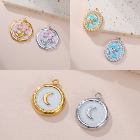Stainless Steel Enamel Pendant DIY Jewelry Making Peace Dove Moon Flower Artificial Pearl Branch Charms For Women Fashion Accessories