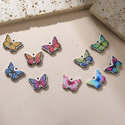 Charms Papillon en Acier Inoxydable Pendentifs Insecte Imprimés Colorés pour DIY Collier Bracelet Boucle d'Oreille Bijoux