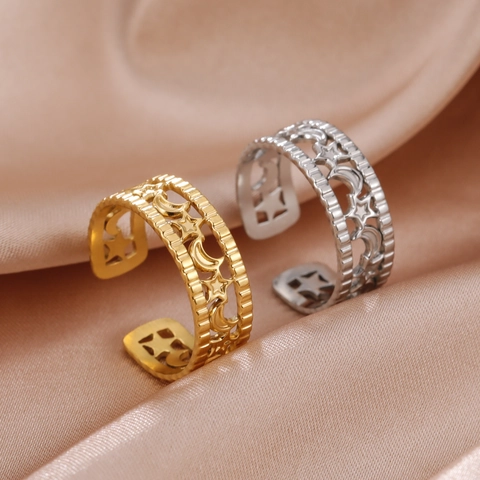 Edelstahl Hohl Stern Mond Offener Ring Für Damen Verstellbar Gold Silber Galvanisiert Himmlisch Schick Fingerring Schmuck Geschenk