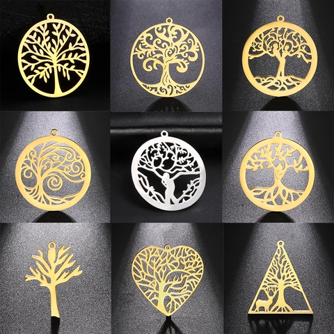 Stainless Steel Tree Of Life Pendants Hollow Out Round Heart Triangle Charms For DIY Necklace Earrings Jewelry Making Accessories