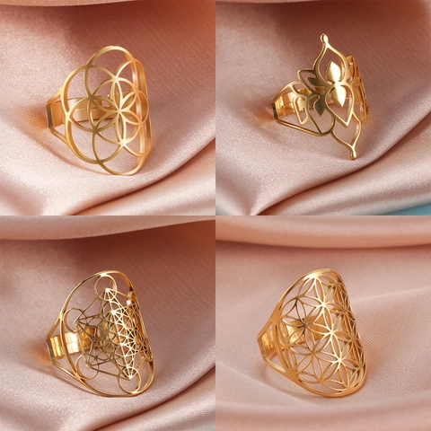 Vintage Roestvrij Staal Open Ring Voor Dames Heren Holle Levensbloem Geometrische Metatron Kubus Verstelbare Ring Sieraden
