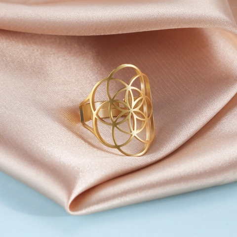 Vintage Roestvrij Staal Open Ring Voor Dames Heren Holle Levensbloem Geometrische Metatron Kubus Verstelbare Ring Sieraden