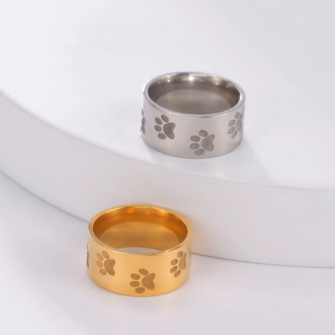 Cute Cat Paw Print Stainless Steel Ring Wide Band Animal Tracks Finger Ring For Men Women Pet Lovers Jewelry Gift