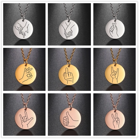 Personalized Stainless Steel Round Pendant Necklace Laser Engraved Gesture Heart OK Sign Hand Jewelry Gift For Couples