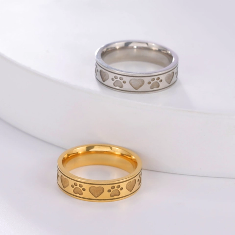 Stainless Steel Heart And Pet Paw Print Finger Ring For Women 6mm Width Gold Silver Minimalist Fashion Jewelry