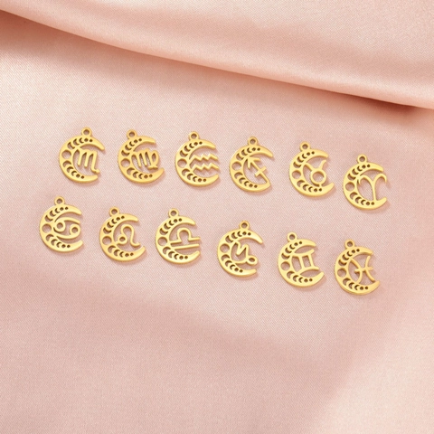 DIY Stainless Steel Crescent Moon Phase Twelve Zodiac Sign Pendant Charms Gold Silver Plated Jewelry Making Findings For Necklace