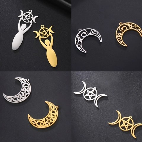 Stainless Steel Wiccan Triple Moon Goddess Pentagram Pendants Celtic Knot Crescent Moon Charms For DIY Jewelry Making