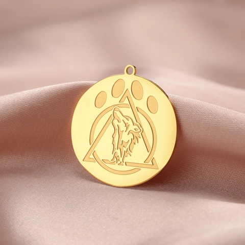 Stainless Steel Wolf Head Round Pendant Geometric Pattern DIY Necklace Accessory Jewelry Making For Men Women