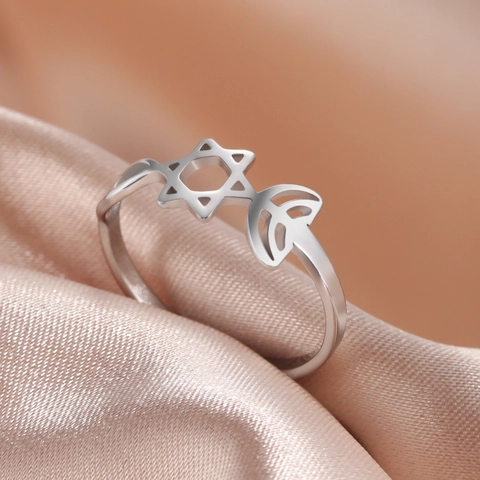 Minimalist 18K Gold Plated Stainless Steel Hexagram Star of David Hollow Out Fish Leaf Ring For Women Jewelry Accessory
