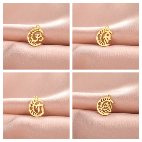 Stainless Steel Moon Phase Goddess Lotus Om Hamsa Hebrew Chai Celtic Knot Hollow Pendant For DIY Jewelry Making Accessories