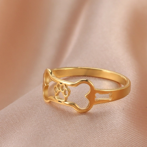 Minimalist Stainless Steel Hollow Out Dog Bone Paw Print Ring For Men Women Creative Pet Lover Jewelry Finger Ring Gift