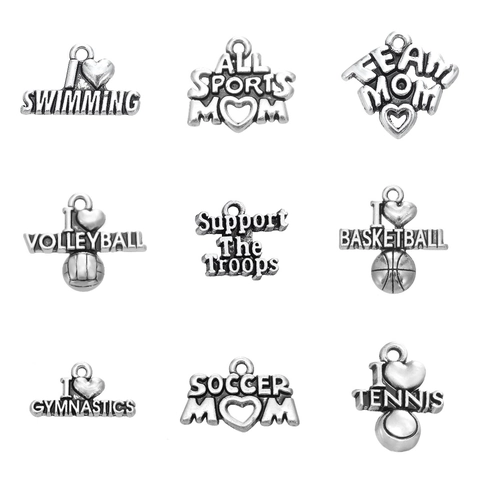 Antique Silver Alloy Sports Theme DIY Charms Pendants For Jewelry Making I Love Swimming Soccer Mom Basketball Volleyball