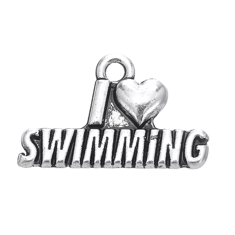 Antique Silver Alloy Sports Theme DIY Charms Pendants For Jewelry Making I Love Swimming Soccer Mom Basketball Volleyball