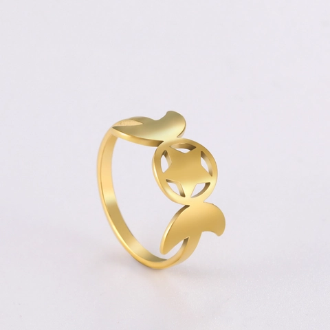 Minimalist Stainless Steel Triple Moon Pentagram Ring For Women Men Wiccan Crescent Star Finger Ring Bohemian Jewelry Band