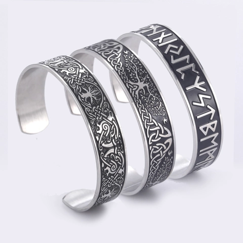Nordic Viking Tree Of Life Stainless Steel Cuff Bracelet For Men Vintage Celtic Knot Rune Engraved Adjustable Jewelry Bangle
