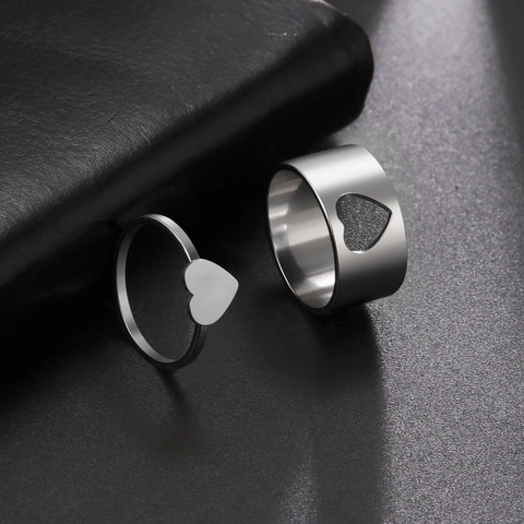 Minimalist Stainless Steel Heart Matching Couple Rings For Men Women Hollow Solid Heart Romantic Promise Wedding Band Jewelry