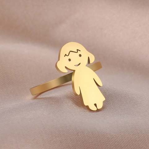Minimalist Stainless Steel Little Girl Shape Polished Ring For Women Cute Fun Style Fashion Jewelry Gold Silver Tone