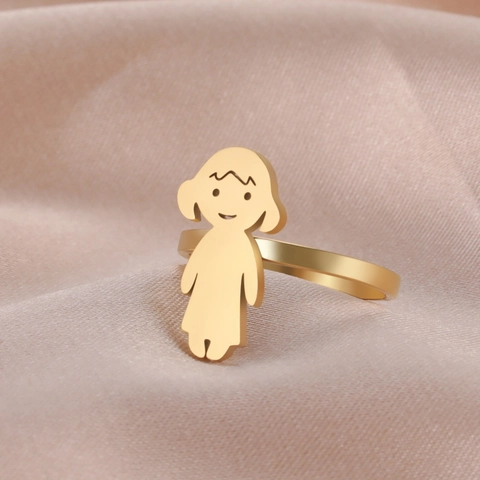 Minimalist Stainless Steel Little Girl Shape Polished Ring For Women Cute Fun Style Fashion Jewelry Gold Silver Tone