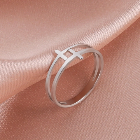 Minimalist 304 Stainless Steel Double Layer Hollow Cross Ring Gold Plated Geometric Band Ring For Women Men Unisex Jewelry