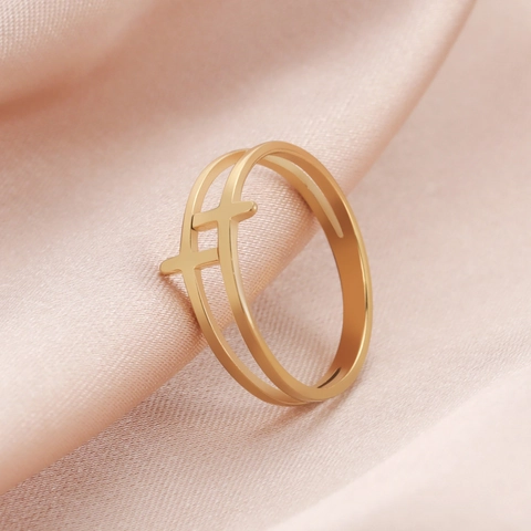 Minimalist 304 Stainless Steel Double Layer Hollow Cross Ring Gold Plated Geometric Band Ring For Women Men Unisex Jewelry