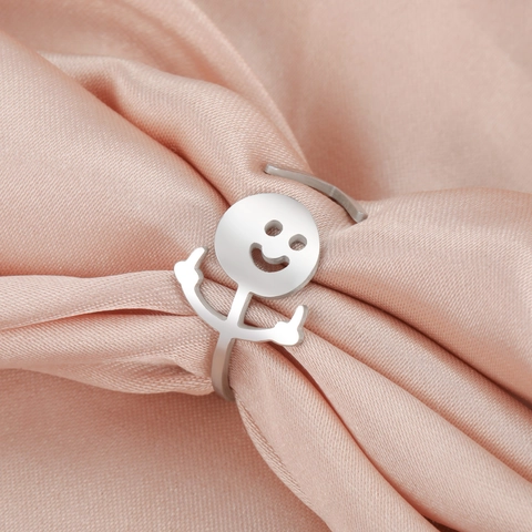Funny Middle Finger Smile Face Stick Figure Open Ring For Women Men Stainless Steel Hip Hop Punk Adjustable Jewelry Gift
