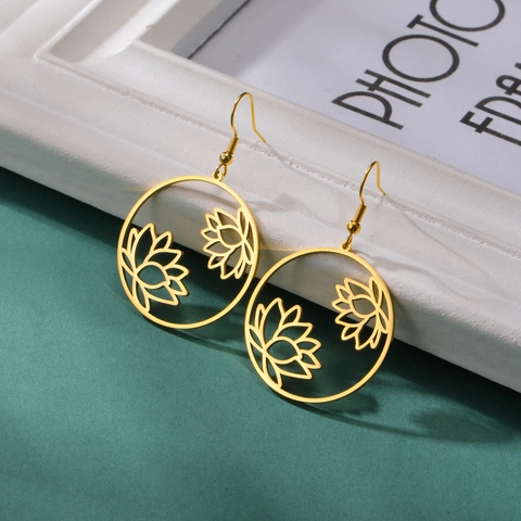 304 Stainless Steel Hollow Lotus Flower Dangle Earrings For Women Fashion Yoga Om Symbol Round Teardrop Moon Earrings Jewelry