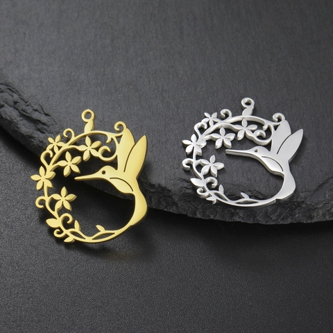 Stainless Steel Hummingbird Wreath Pendant Hollow Out Floral Circle Charm For DIY Necklace Earring Jewelry Making For Women