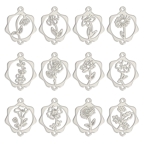 Stainless Steel Birth Month Flower Pendants Gold Silver Hollow Out Floral Connectors For Necklace Bracelet DIY Crafts Gift
