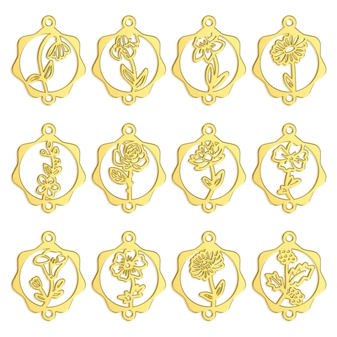 Stainless Steel Birth Month Flower Pendants Gold Silver Hollow Out Floral Connectors For Necklace Bracelet DIY Crafts Gift