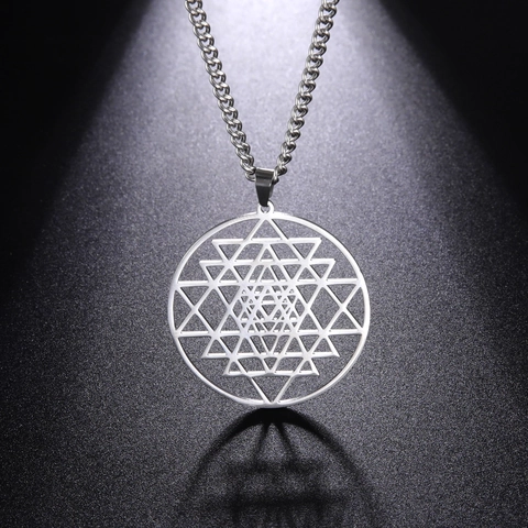 Stainless Steel Sri Yantra Sacred Geometry Pendant Necklace Hollow Round Triangle Mandala Spiritual Jewelry For Women Men