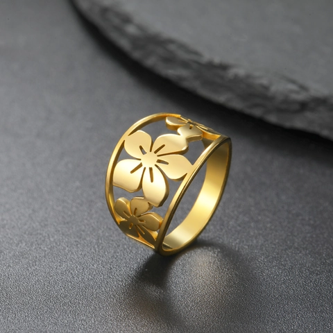 Eleganter Hohlring Edelstahl Kirschblüte Für Damen Party Geschenk Gold Stahl Farbe Blumenring Schmuck