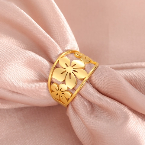 Eleganter Hohlring Edelstahl Kirschblüte Für Damen Party Geschenk Gold Stahl Farbe Blumenring Schmuck