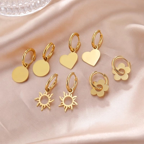 Hoop Earrings With Charms 304 Stainless Steel Heart Star Sun Flower Leaf Geometric Minimalist Fashion Jewelry For Women