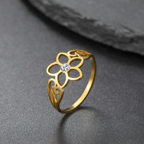 Elegant Stainless Steel Flower Ring For Women Hollow Five Petal Rhinestone Inlaid Korean Style Fashion Finger Jewelry