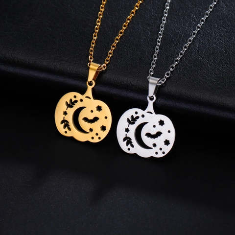 18K Gold Plated 304 Stainless Steel Halloween Pumpkin Moon Bat Hollow Pendant Necklace For Women Party Fashion Jewelry Gift