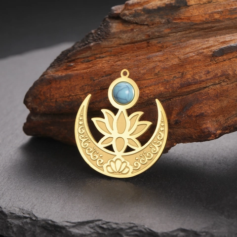 Edelstahl Halbmond Lotus Anhänger Mit Blauem Synthetischem Stein Hohl Ethnisch Boho DIY Schmuckherstellung Zubehör