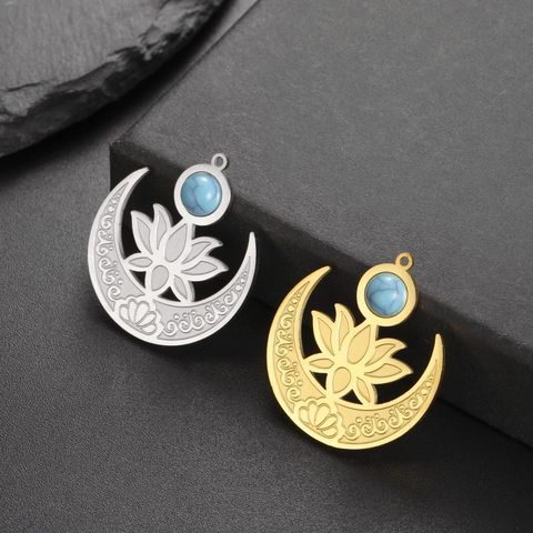 Edelstahl Halbmond Lotus Anhänger Mit Blauem Synthetischem Stein Hohl Ethnisch Boho DIY Schmuckherstellung Zubehör