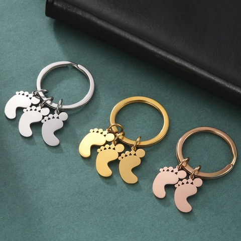 Porte-clés en Acier Inoxydable Pieds de Bébé Cadeau Commémoratif Pour Parents Pendentif Empreinte Accessoire Anneau Clé