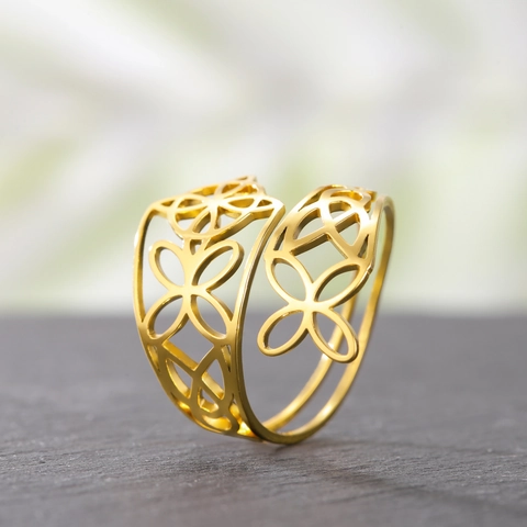 Edelstahl Cut-out Hexenknoten Offener Ring Für Damen Mädchen Gold Stahlfarbe Geometrische Blume Verstellbar Modeschmuck