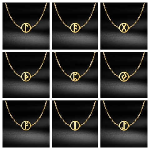 Vintage Viking Runic Stainless Steel Pendant Necklace Geometric Round Symbol Rune Letter Choker For Men Women Punk Jewelry
