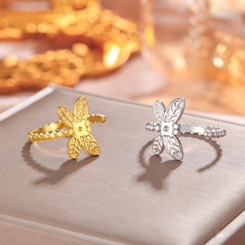 304 Stainless Steel Open Rings For Women Irregular Geometric Adjustable Ring Dragonfly Four Leaf Clover Jewelry Gift