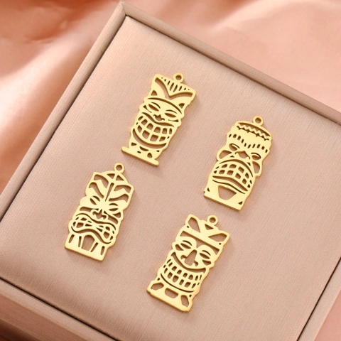 Stainless Steel Hollow Tiki Mask Pendant For DIY Necklace Jewelry Making Tribal Totem Charm Gold Silver Unisex Accessory