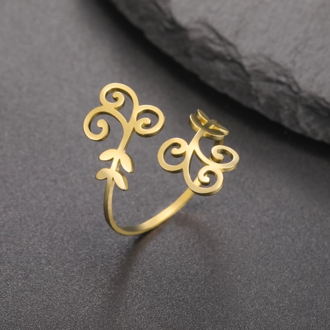 Nature Inspired Stainless Steel Open Ring Vintage Filigree Vine Dragonfly Leaf Hollow Adjustable Finger Ring For Women